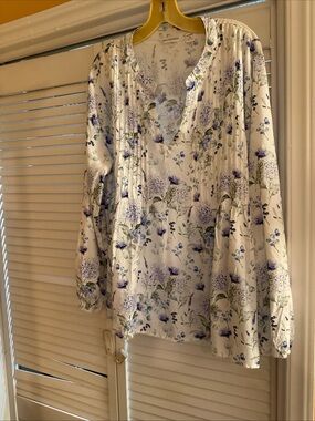 King Universal White Floral Pintuck Blouse with Lavender and Green Print